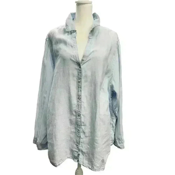 Sigrid Olsen 100% Linen Blue V-Neck Light Blue Blouse Button Down Shirt Size XL - Picture 1 of 16